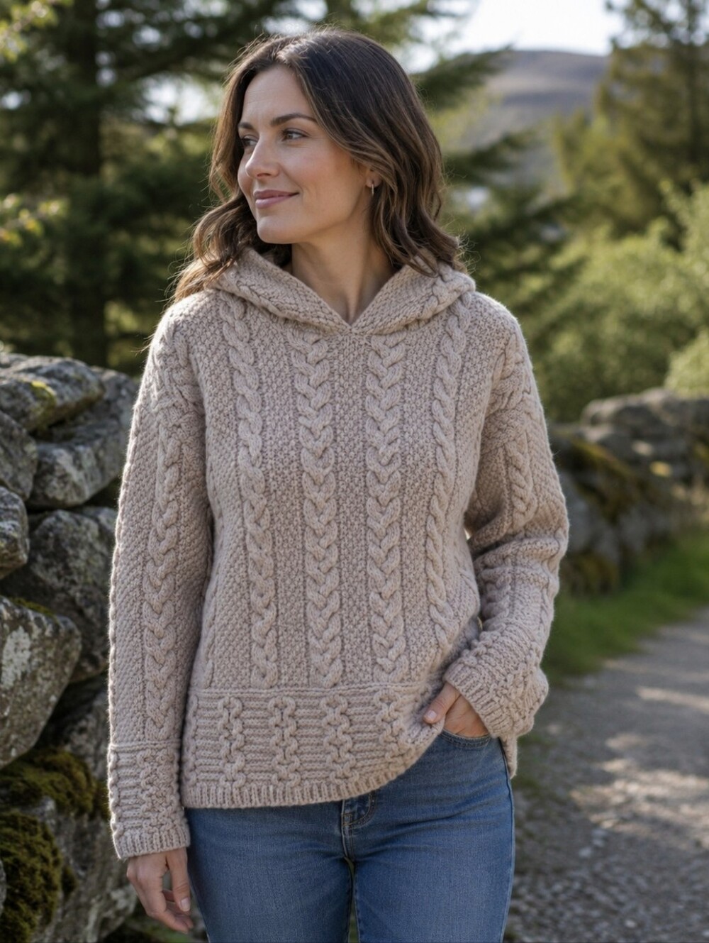 Merino Wool Cozy Cable Knit Hooded Sweater in Beige - M